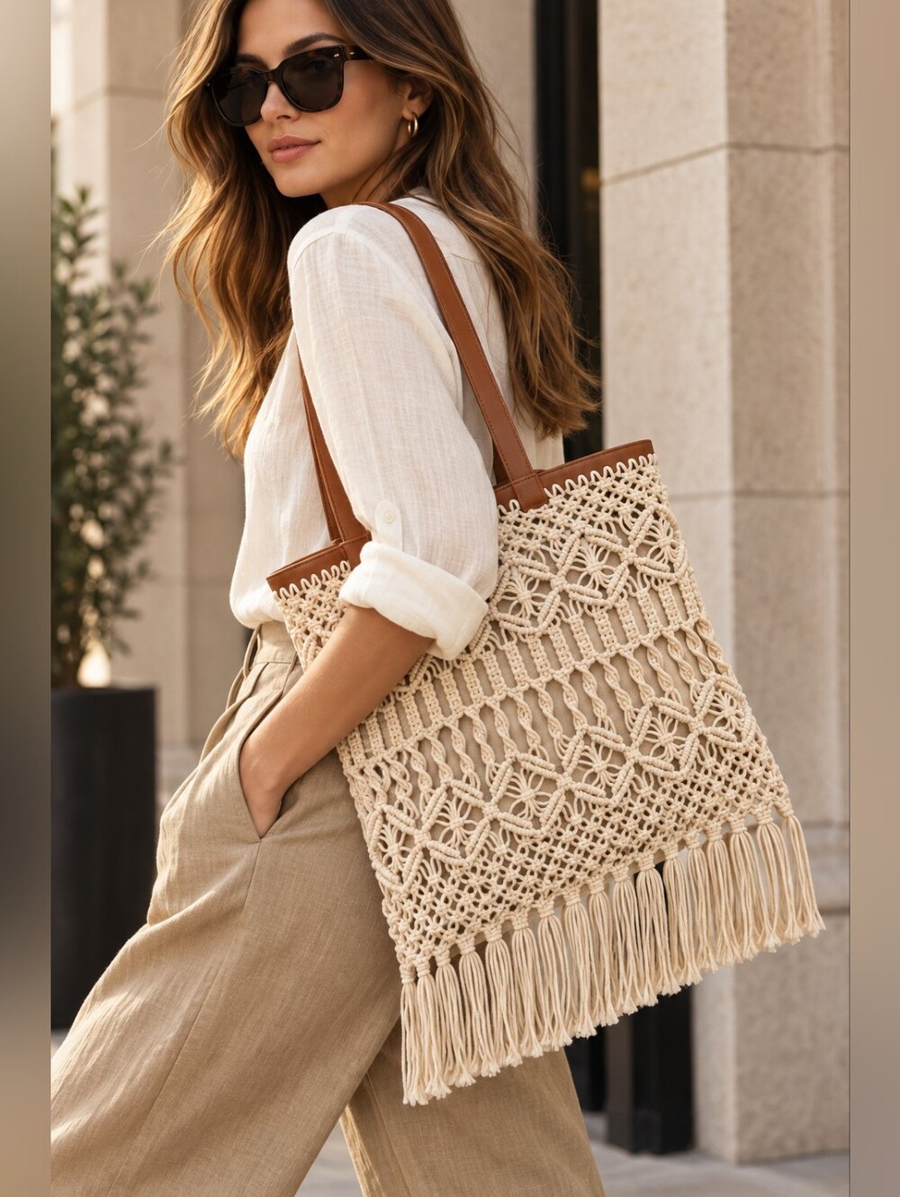 Zara Macramé Crochet Fringe Tote Bag Cream Tan
